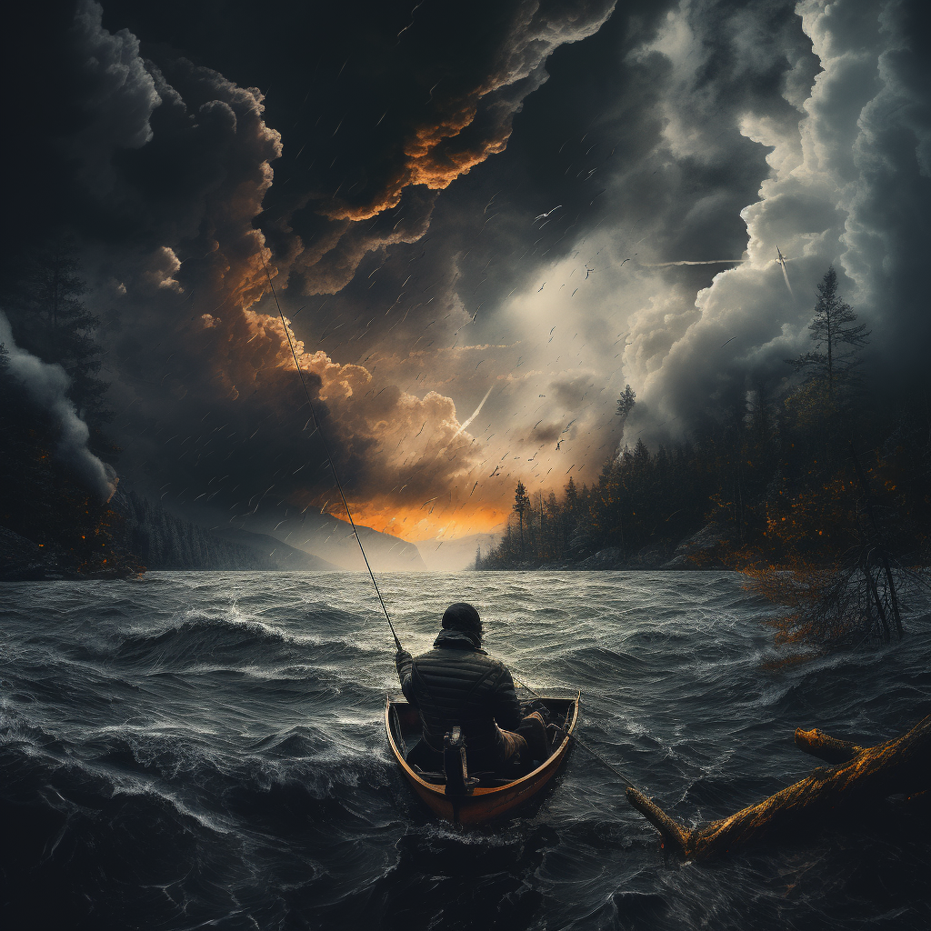 Obrázek rybáře uprostřed jezera při velké bouřce